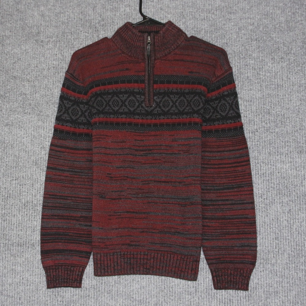 Method Mens‎ Red Black Marled Fair Isle Quarter Zip Sweater Size L